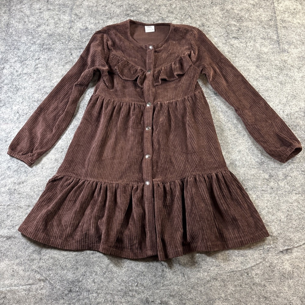 Zara Girls Dress 11/12 Corduroy Cotton Blend‎ Brown Long Sleeve Tiered Fit Flare